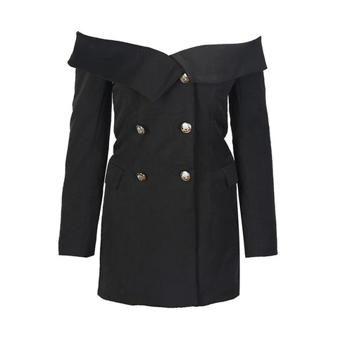 New Off Shoulder Slash Neck Long Sleeve Sexy Black Blazer Jacket Women Double Breasted Slim Fit Casual Ladies Party Outwear