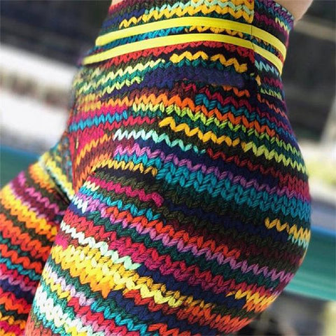 New Original Knit Printing Pants with 2 Yellow String on Waist and Colorful String Sporting Leggings Women Trousers leggings