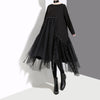 Plus Size Woman Autumn Solid Black Loose Dress Long Sleeve Mesh Overlay Tapes Ladies Casual Style Midi Dress Robe Femme 4564