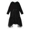 Plus Size Woman Autumn Solid Black Loose Dress Long Sleeve Mesh Overlay Tapes Ladies Casual Style Midi Dress Robe Femme 4564