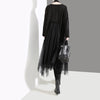 Plus Size Woman Autumn Solid Black Loose Dress Long Sleeve Mesh Overlay Tapes Ladies Casual Style Midi Dress Robe Femme 4564