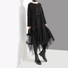 Plus Size Woman Autumn Solid Black Loose Dress Long Sleeve Mesh Overlay Tapes Ladies Casual Style Midi Dress Robe Femme 4564