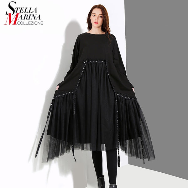 Plus Size Woman Autumn Solid Black Loose Dress Long Sleeve Mesh Overlay Tapes Ladies Casual Style Midi Dress Robe Femme 4564