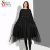 Plus Size Woman Autumn Solid Black Loose Dress Long Sleeve Mesh Overlay Tapes Ladies Casual Style Midi Dress Robe Femme 4564