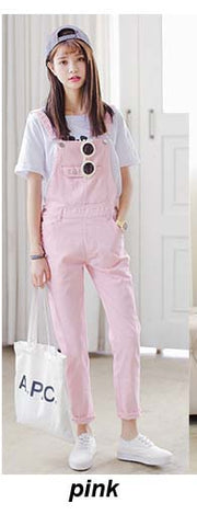 New Preppy Style Denim Jumpsuit Jean Overall For Womens Denim Romper Jeans Pants Summer Fitness Ladies Jumpsuit White/Pink