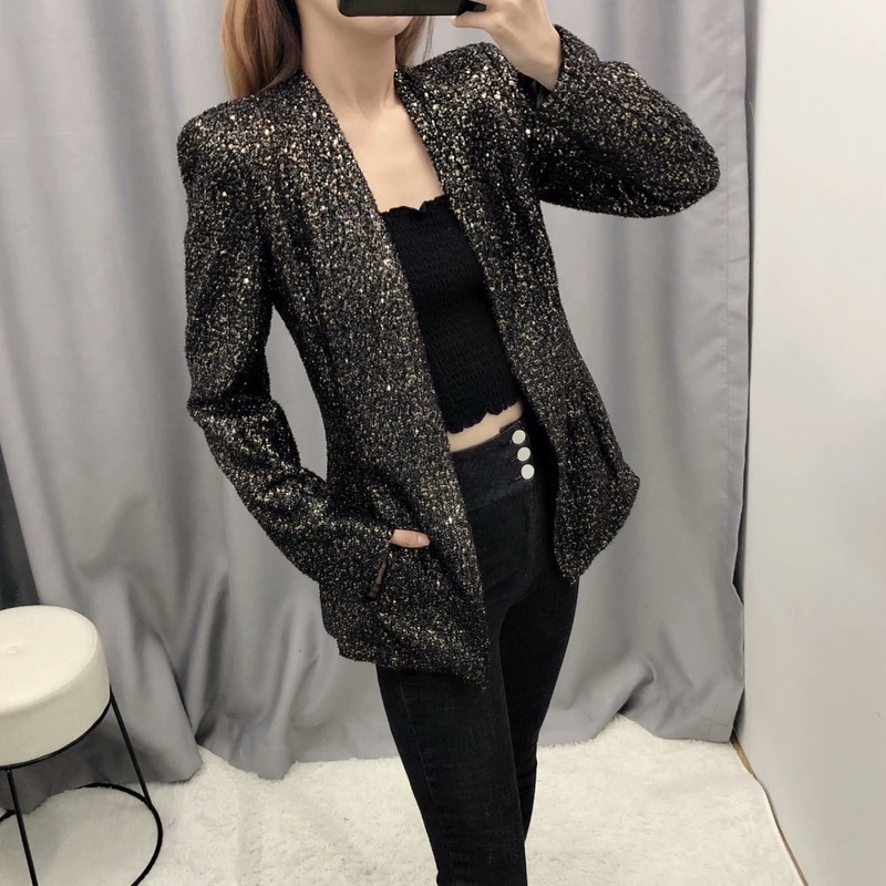Buttonless Office Sequin Buttonless Collarless Blazer 2023 Women Simple Work Clothing Ca ...