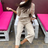 Sexy Khaki Women's Set Summer Casual Two Piece Set Short Sleeve Tops Shirt And Loose Beach Pants Set Bottom Suit