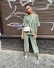 Sexy Khaki Women's Set Summer Casual Two Piece Set Short Sleeve Tops Shirt And Loose Beach Pants Set Bottom Suit