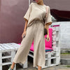 Sexy Khaki Women's Set Summer Casual Two Piece Set Short Sleeve Tops Shirt And Loose Beach Pants Set Bottom Suit