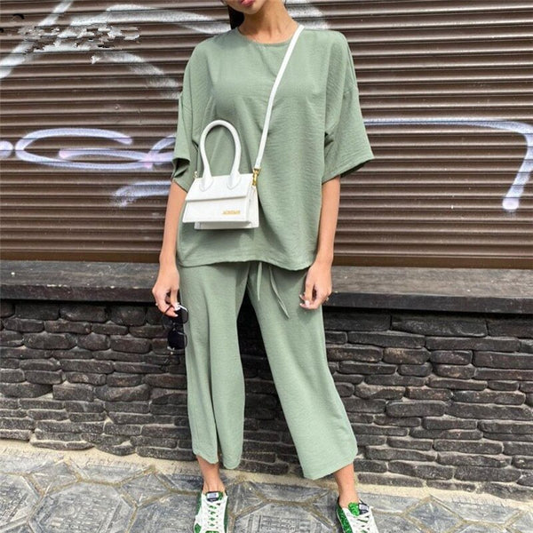 Sexy Khaki Women's Set Summer Casual Two Piece Set Short Sleeve Tops Shirt And Loose Beach Pants Set Bottom Suit