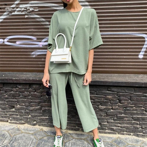 Sexy Khaki Women's Set Summer Casual Two Piece Set Short Sleeve Tops Shirt And Loose Beach Pants Set Bottom Suit