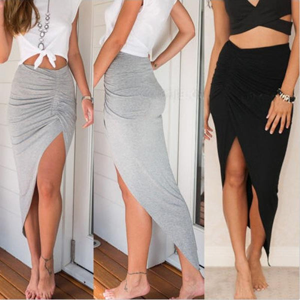 Sexy Irregular Skirts Women Summer Charm Split Long Skirt Slit Party Bodycon Skirt Gray Black Office Lady Skirts