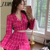 Sexy Ladies Plaid Short Cropped Top Vita Alta Minigonna Set due Pezzi Slim Tweed Party Outfit High Street Set Coordinati