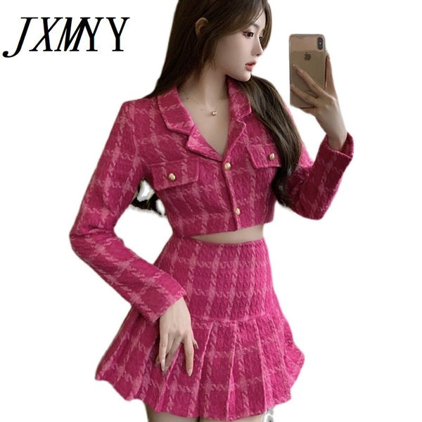 Sexy Ladies Plaid Short Cropped Top Vita Alta Minigonna Set due Pezzi Slim Tweed Party Outfit High Street Set Coordinati