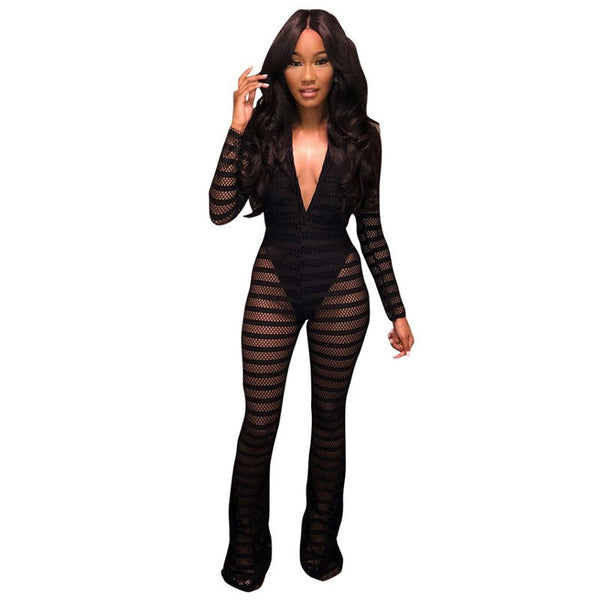 New Sexy Striped Sheer Mesh Jumpsuit with Lining Women Long Sleeves Deep V- Neck Wide Leg Romper Clubwear Party Overalls Leotard