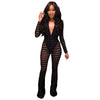 New Sexy Striped Sheer Mesh Jumpsuit with Lining Women Long Sleeves Deep V- Neck Wide Leg Romper Clubwear Party Overalls Leotard