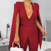 Sexy V Neck Women Slit Party Coat Elegant Blazer With Belt Office Lady Long Cape Sleeve Poncho Cloak Jacket Workwear