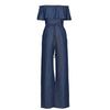 New Sexy Women Off Shoulder Denim Jumpsuit Rompers Slash Neck Ruffles Playsuit Wide Leg Strapless Fashion Female Overalls Blue