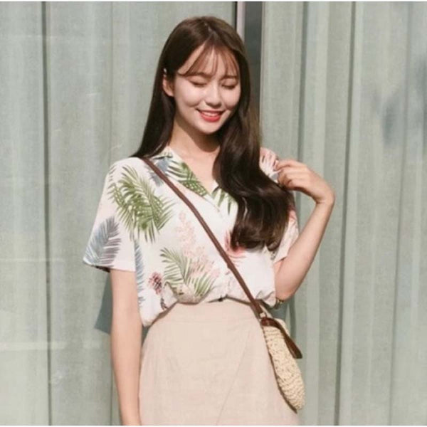 Short Sleeve Leaves Printed Boho Blusas Women's Shirt Chiffon Women's Blouse Turn Down Collar Tops Female Chic Blouse Casual