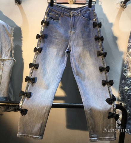 Side Diamond Bow High Waist Stretch Jeans Woman 2022 Spring Summer European Style Village Blue Denim Pants Female Clothes