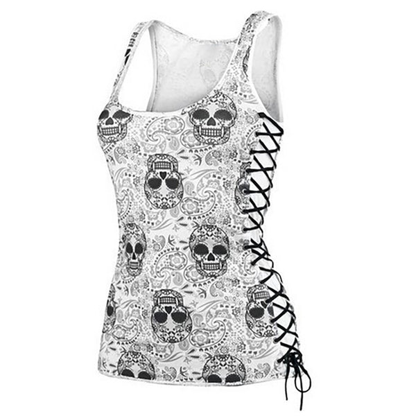 New Skull Head Design Tops Sleeveless White T Shirts Fitness Women Vest Casual Camisole