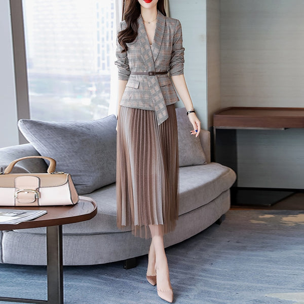 Spring Autumn 2022Retro Plaid Blazer Set Belt Jacket & Pleted Skirt 2 Pieces Skirt Suits Female Office Ladies Blazer Suit
