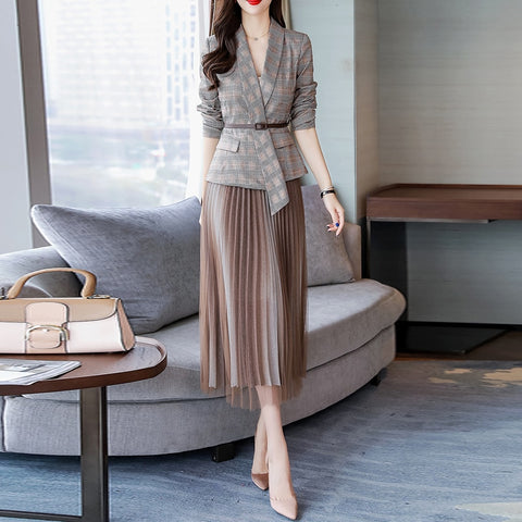 Spring Autumn 2022Retro Plaid Blazer Set Belt Jacket & Pleted Skirt 2 Pieces Skirt Suits Female Office Ladies Blazer Suit
