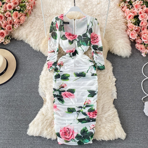 Spring Autumn Floral Print Vintage Women Dress Elegant Ruched Bodycon Midi Dress Square Collar Padded Slim Sexy Party Dress