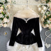Spring Autumn Women Long Sleeve Lace Blouse Sexy Mesh Patchwork Velvet Shirt Female Ruffles Vintage Blouses Short Tops A2040