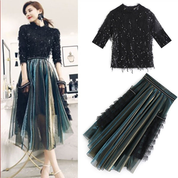 Spring Autumn Women's Skirts Suits Sequins Shiny Tassels Blouses Tops And Irregular Ruffles Graceful Skirt Suits Set NS218