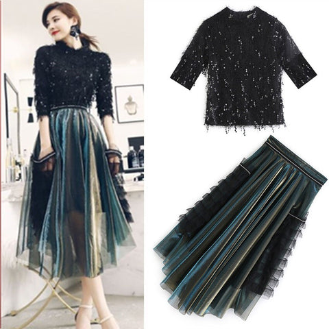 Spring Autumn Women's Skirts Suits Sequins Shiny Tassels Blouses Tops And Irregular Ruffles Graceful Skirt Suits Set NS218