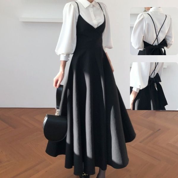 Spring Dress 2023 Women Single Breasted Lantern Sleeve Shirt Set+Camisole Bow Pleated Solid Dresses Office Elegant Dress