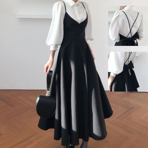 Spring Dress 2023 Women Single Breasted Lantern Sleeve Shirt Set+Camisole Bow Pleated Solid Dresses Office Elegant Dress