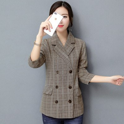 New Spring Fashion Plaid Blazer Casual Suit Women Blazer Slim Double Breasted Work Design Coat jackets