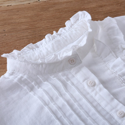 Spring Japan Style Mori Girl Women Blouse Asymmetric Design Lace Stand Collar Loose Double Cotton Yarn Shirts Women