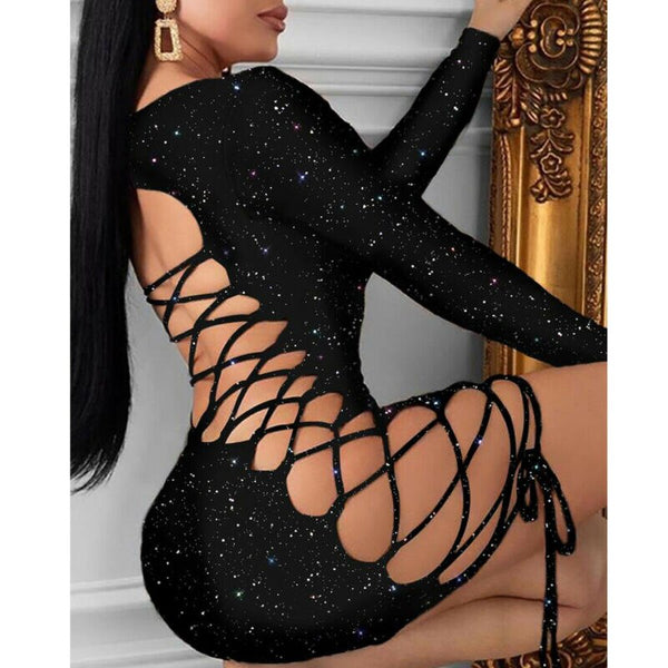 Spring Sexy Women Dress Gown Black Long Sleeve Sexy Sexy Lady Bodycon Hollow Short Dresses Party Night Club Summer