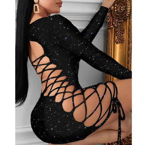 Spring Sexy Women Dress Gown Black Long Sleeve Sexy Sexy Lady Bodycon Hollow Short Dresses Party Night Club Summer