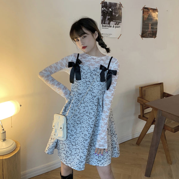 Spring Summer Casual Women Floral Sling DressSleeveless Ruffle V-neck Bow Dress Female Inner Sling Chic Dresses A498