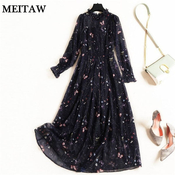 Spring Summer Women Chiffon Print Dress 2023 Casual Long Sleeve A-Line Party Dresses Vintage Elegant Midi Dress Vestidos
