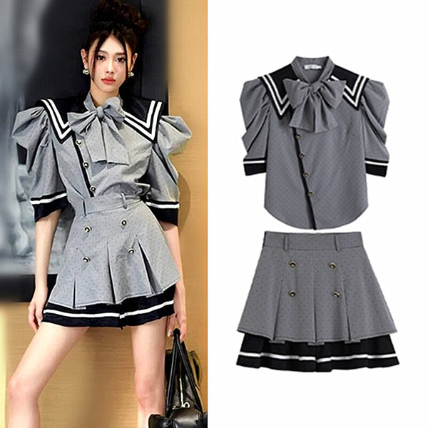 Spring Summer Women's Skirts Suits Half Puff Sleeve Shirts Blouses Tops And Pleated Patchwork Graceful Skirt Suits Set NS660