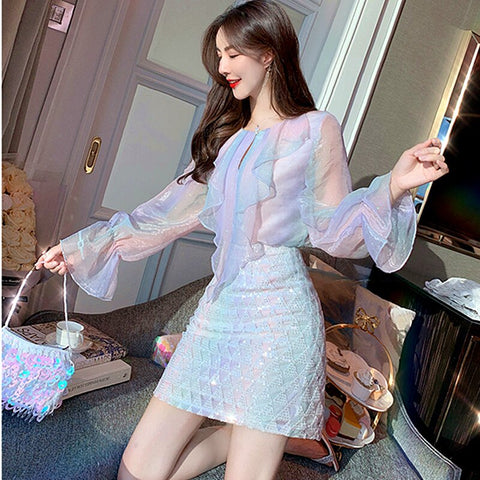 Spring Summer Women's Skirts Suits Shinny Rainbow Ruffles Blouses Flares Sleeve Tops And Sequins Skirt Suits Set NS1002