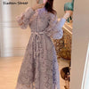 Spring Vintage Dress Woman Purple Lace Single-breasted High Waist Dresses Woman Vestido Long Puff Sleeve Elegant Party Dress