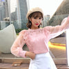 Spring Women Lantern Sleeve Mesh Shirt Floral Ruffles Hollow Out Lace Blouse Female Long Sleeve Bottoming Blouses Tops A1379