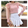 Spring Women Lantern Sleeve Mesh Shirt Floral Ruffles Hollow Out Lace Blouse Female Long Sleeve Bottoming Blouses Tops A1379