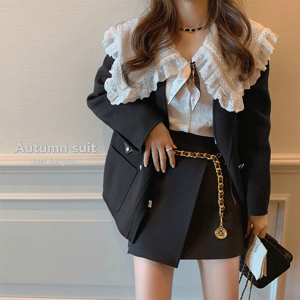 Spring Women Three Piece Sets Long Sleeves Solid Suit + White Lace Vintage Solid Blouse Shirt +sweet Solid Black Skirt Suits