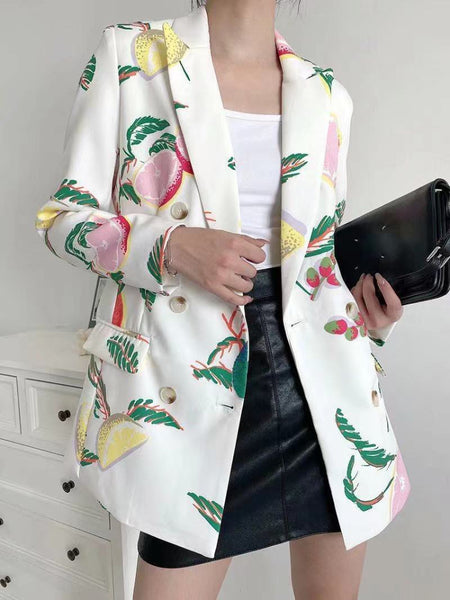 Spring and Autumn Fresh Fruit Printing Small Suit Lady White Suit Coat Jacket Woman Jacket Office Lady Blazer Women  Coats