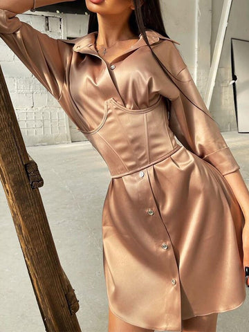Spring and Autumn Women's Temperament French Lapel Suit Skirt Plastic Waist Two-piece Seven-point Sleeve Shirt Dress