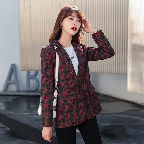 Spring and autumn Women Blazer Jacket Casual Work Suit Coat Office Lady Pockets Slim plaid Blazers Female