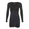 Square Neck Lace Patchwork Bodycon Black Dress Women Elegant Cotton Side Split Autumn Sexy Dress Mini Ladies Basic
