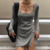Square Neck Lace Patchwork Bodycon Black Dress Women Elegant Cotton Side Split Autumn Sexy Dress Mini Ladies Basic